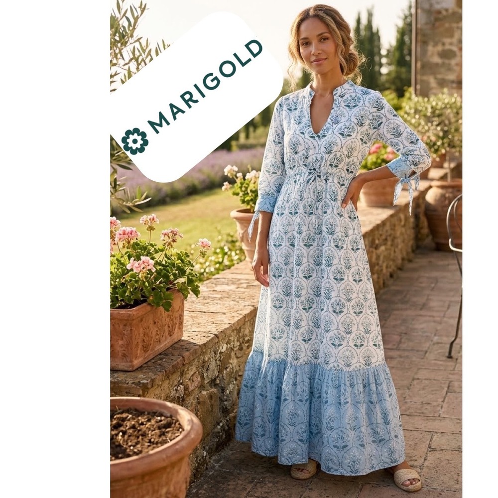 Marigold Blue White Floral Block Print Cotton Maxi Dress Boho Tie Sleeve XS